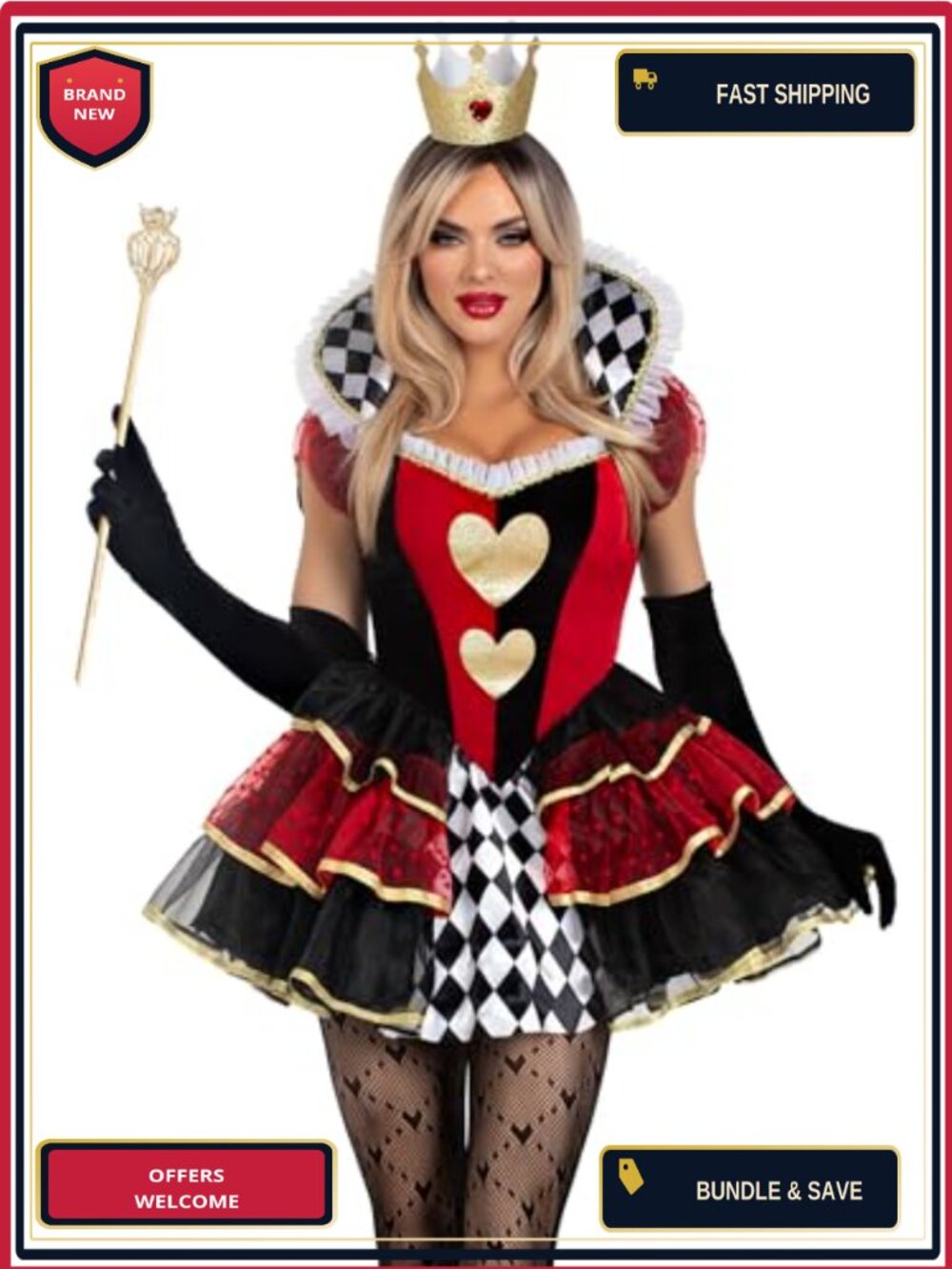 Queen of Hearts Halloween Costume 2 PC Tiered Dress Petticoat Crown